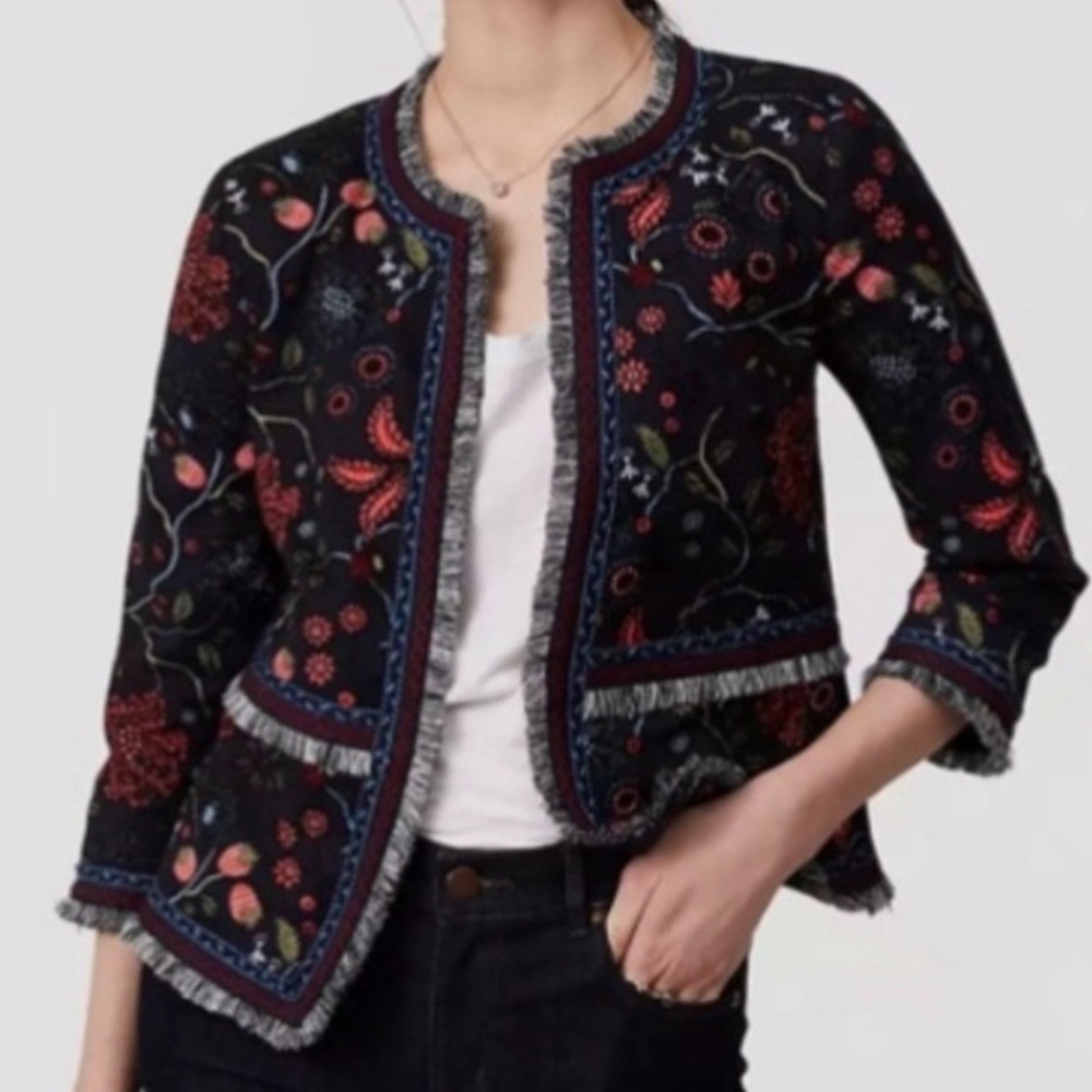 LOFT fringe trim floral blazer NAVY